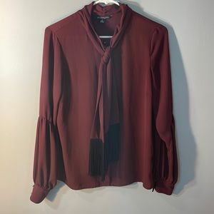 Eva Longoria Womens Small Maroon Button Down With Neck Tie Puffed Sleeves